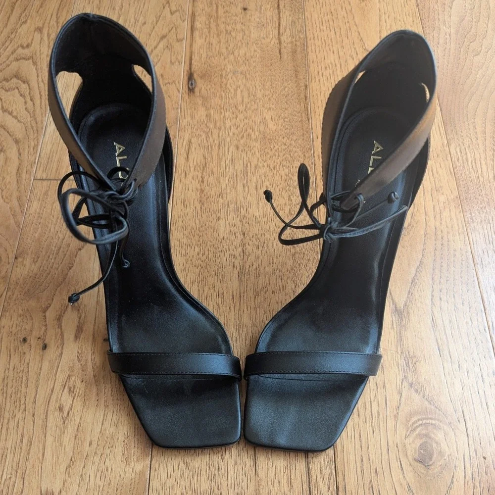Aldo Stiletto Sandals Black Lace Up Square Toe‎ Womens 9 Strappy Night Out Chic